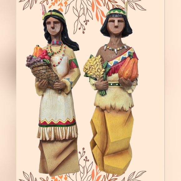 Native American Indian Couple Thanksgiving Resin Made, Wood Look 17 Inches
